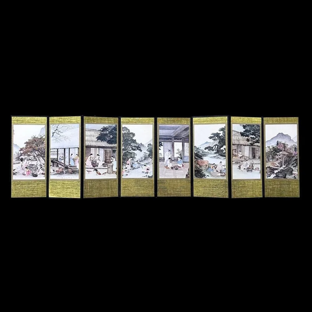 Vintage Korean Village Life Mini Folding Screen Art Decor Tabletop Display Asian